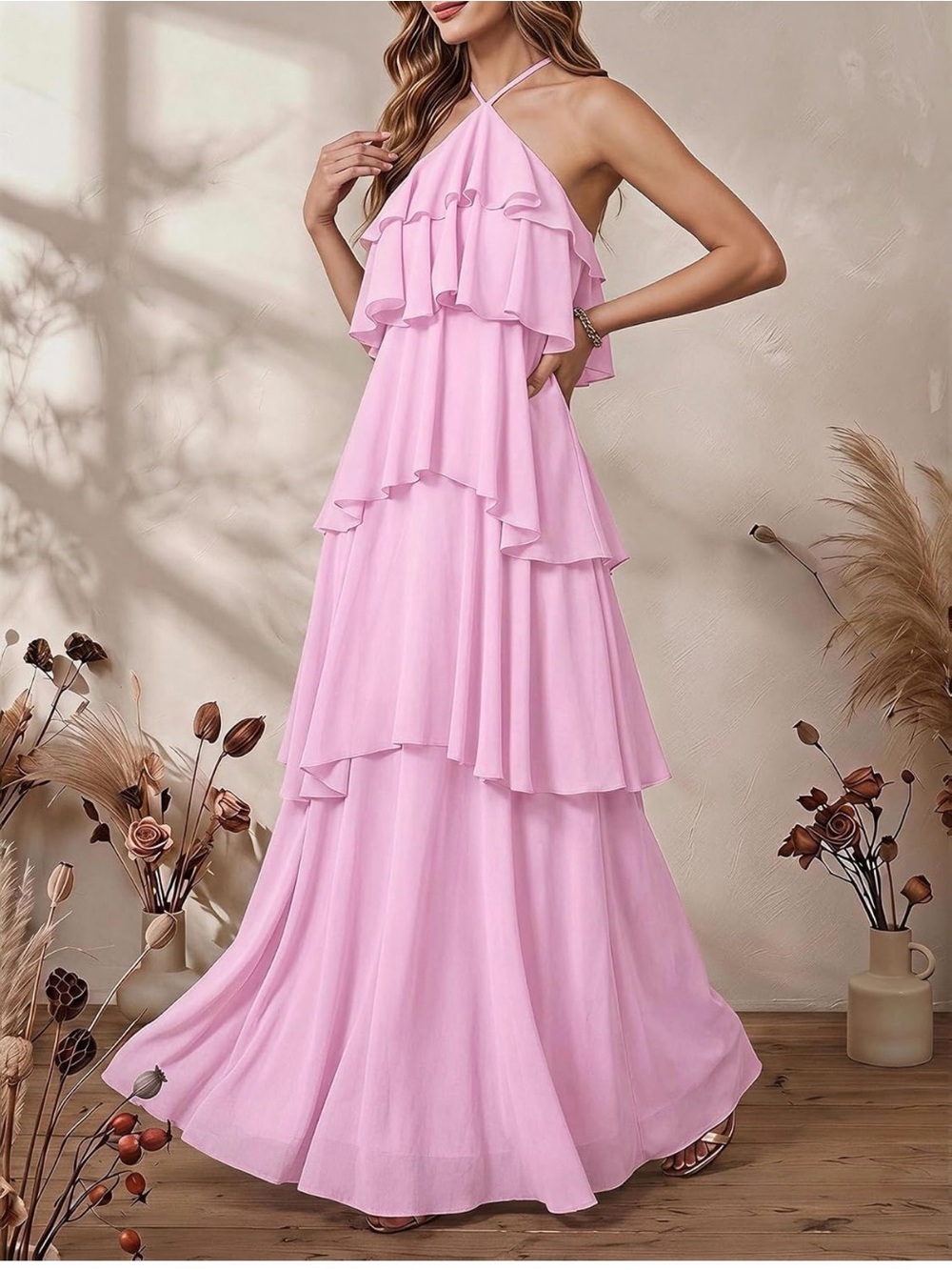 Tiered Halter Maxi Dress in Pale Pink